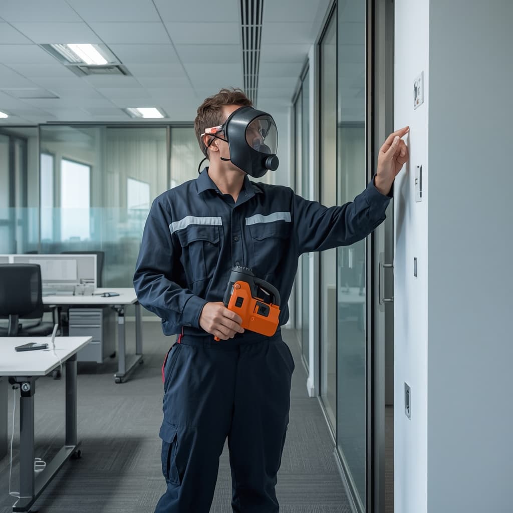 Pest control technician inspecting a Sydney office workplace