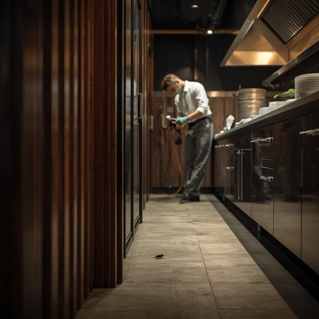 Pest control technician inspecting a commercial kitchen for pest activity